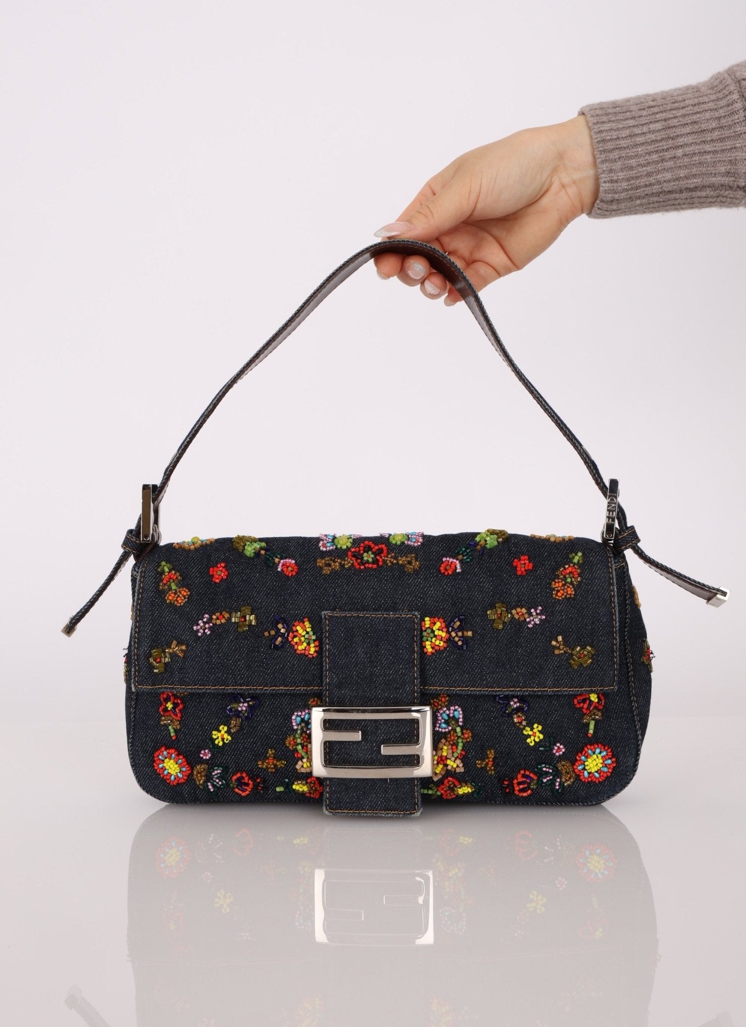 Fendi Denim Floral Beaded Baguette - FashioNica