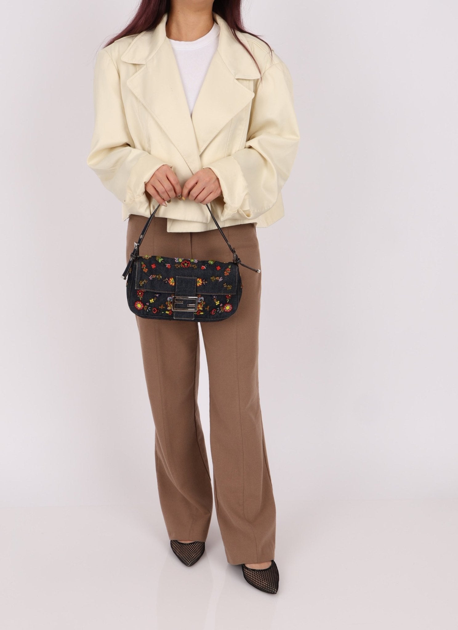 Fendi Denim Floral Beaded Baguette - FashioNica