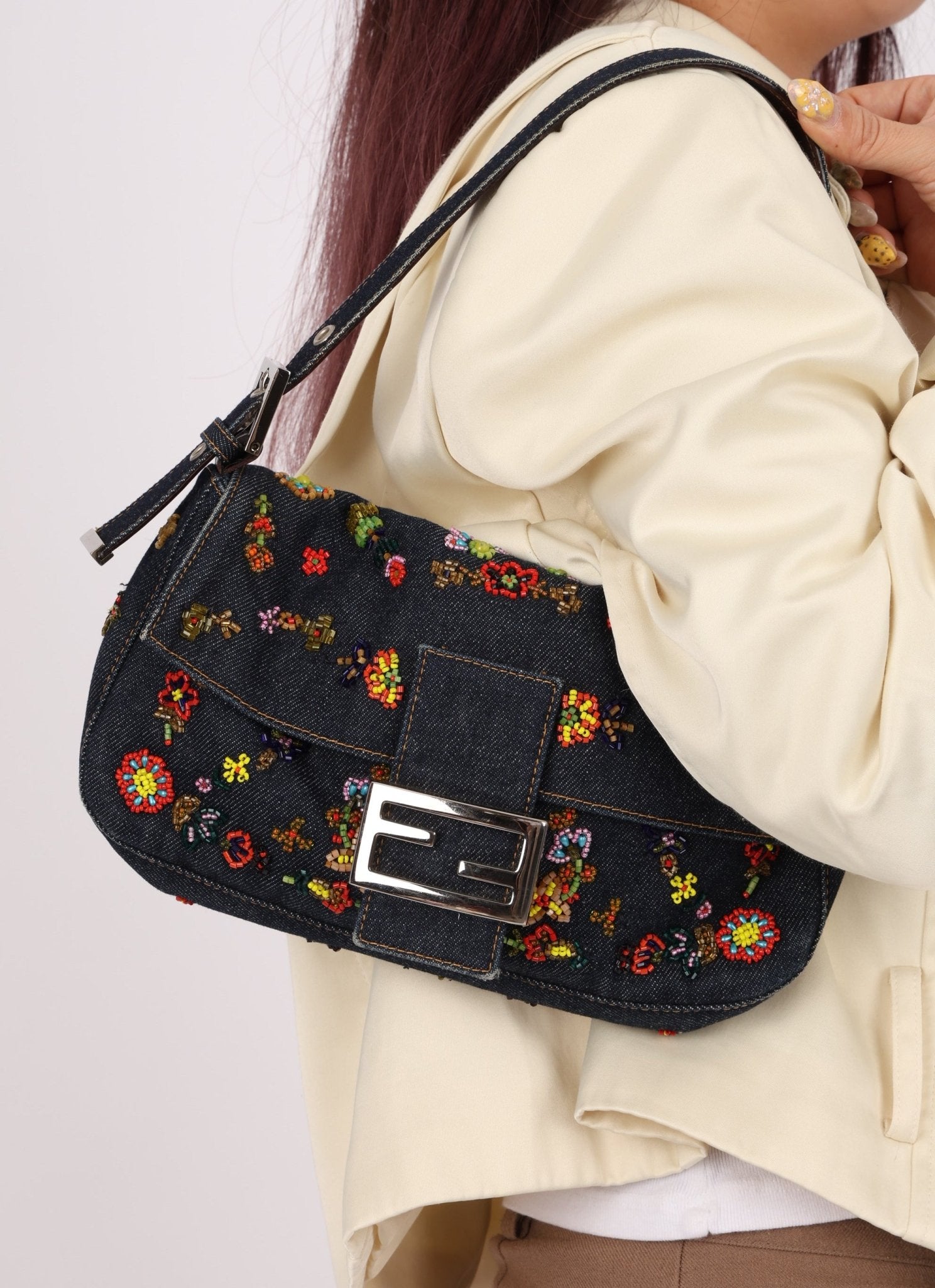 Fendi Denim Floral Beaded Baguette - FashioNica