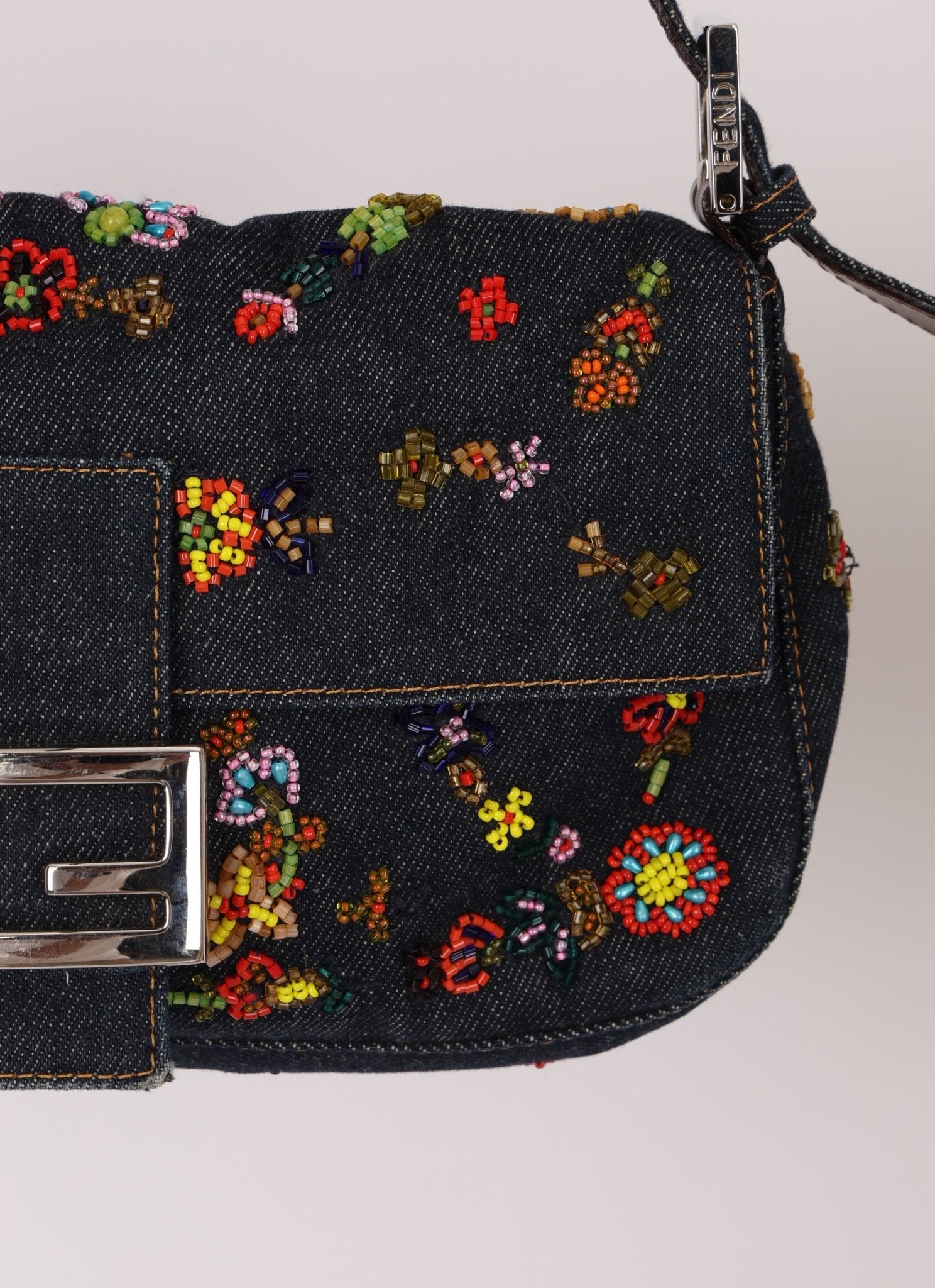 Fendi Denim Floral Beaded Baguette - FashioNica