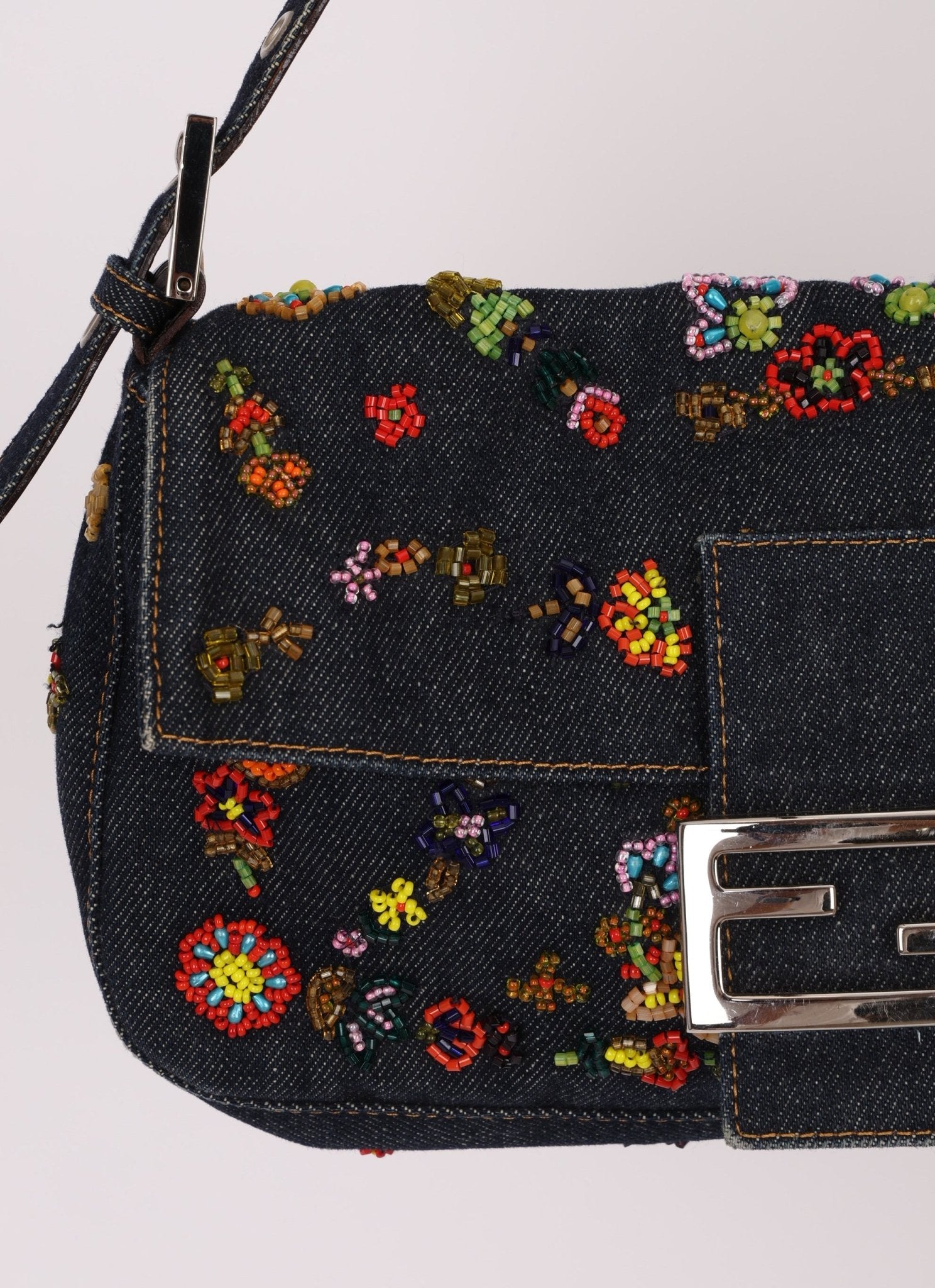 Fendi Denim Floral Beaded Baguette - FashioNica