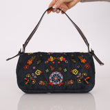 Fendi Denim Floral Beaded Baguette - FashioNica