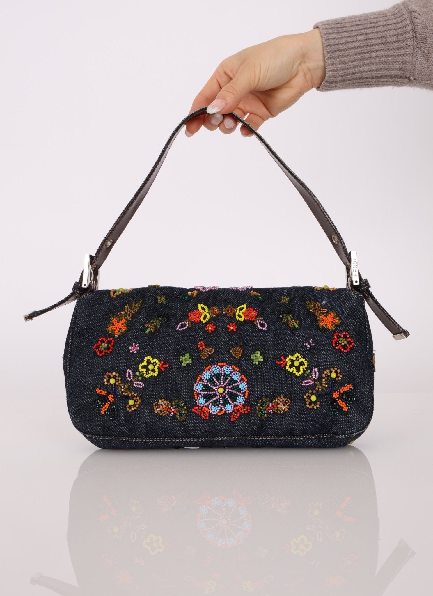 Fendi Denim Floral Beaded Baguette - FashioNica