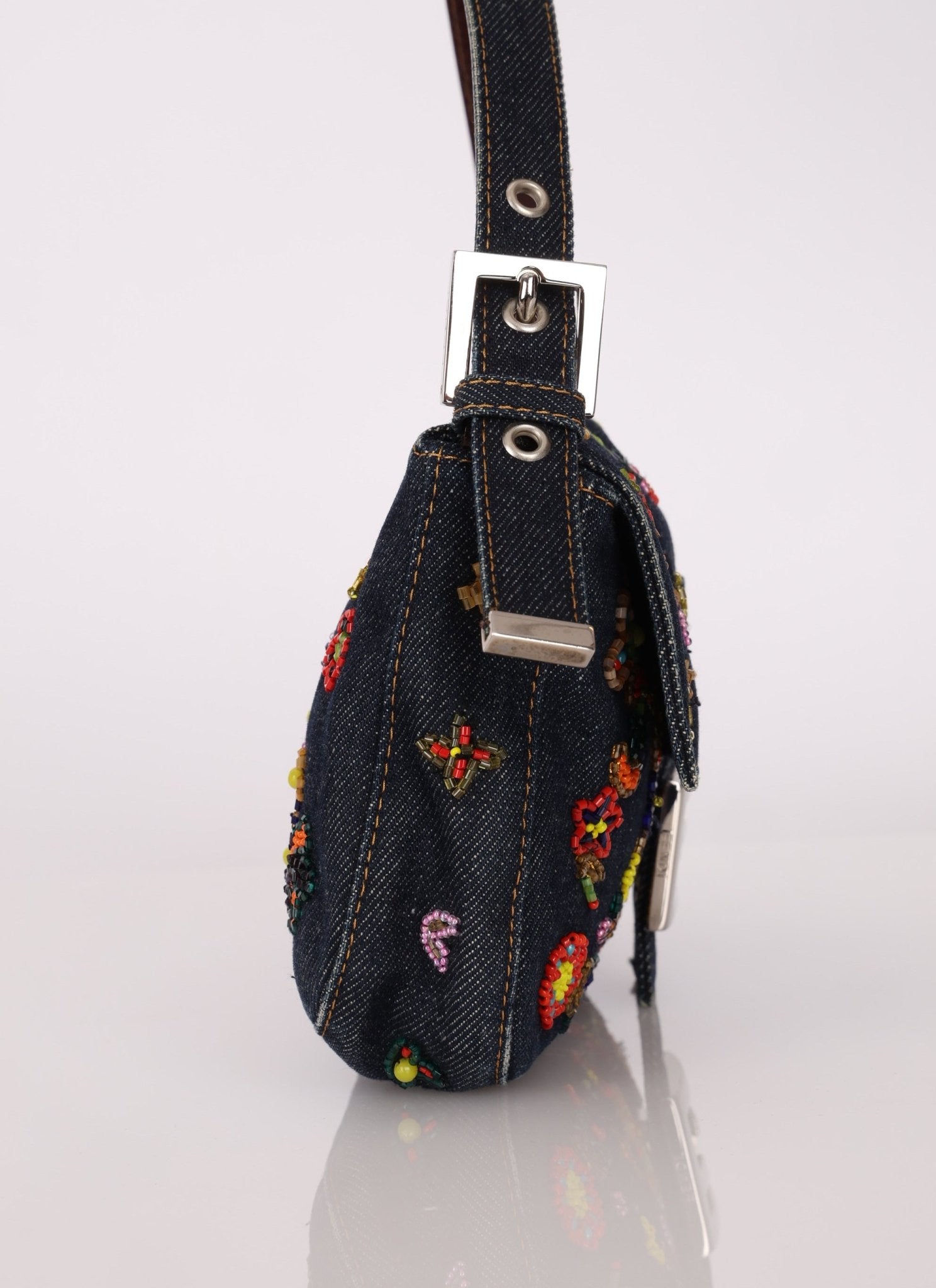 Fendi Denim Floral Beaded Baguette - FashioNica