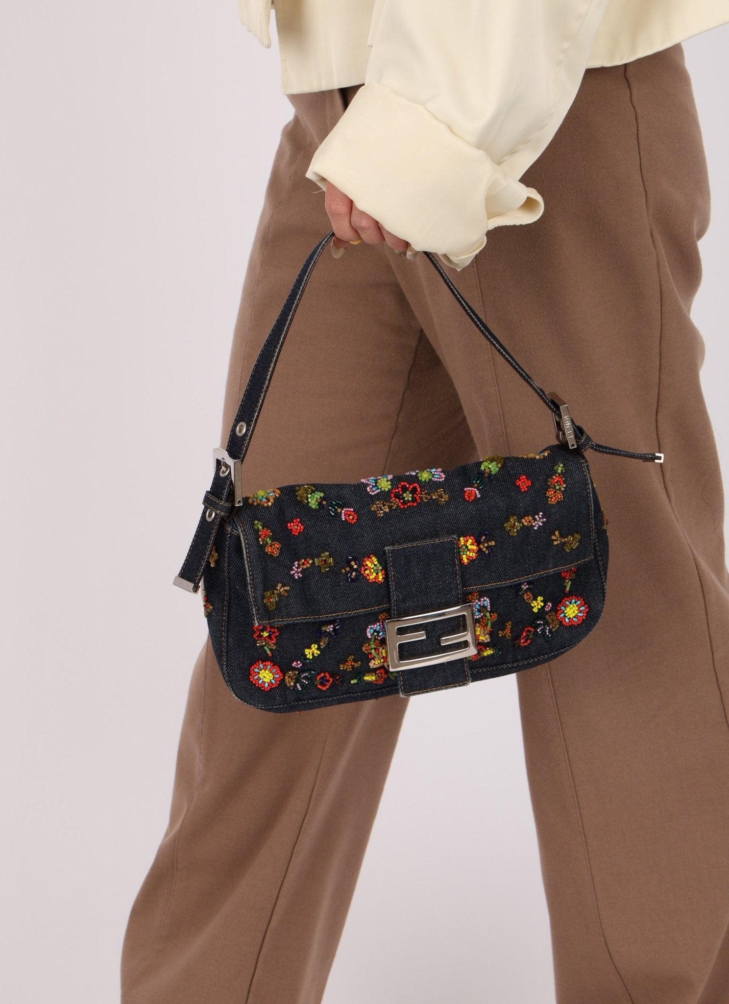 Fendi Denim Floral Beaded Baguette - FashioNica