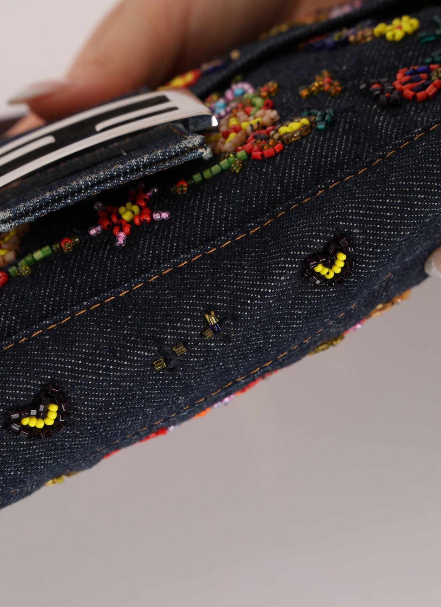 Fendi Denim Floral Beaded Baguette - FashioNica