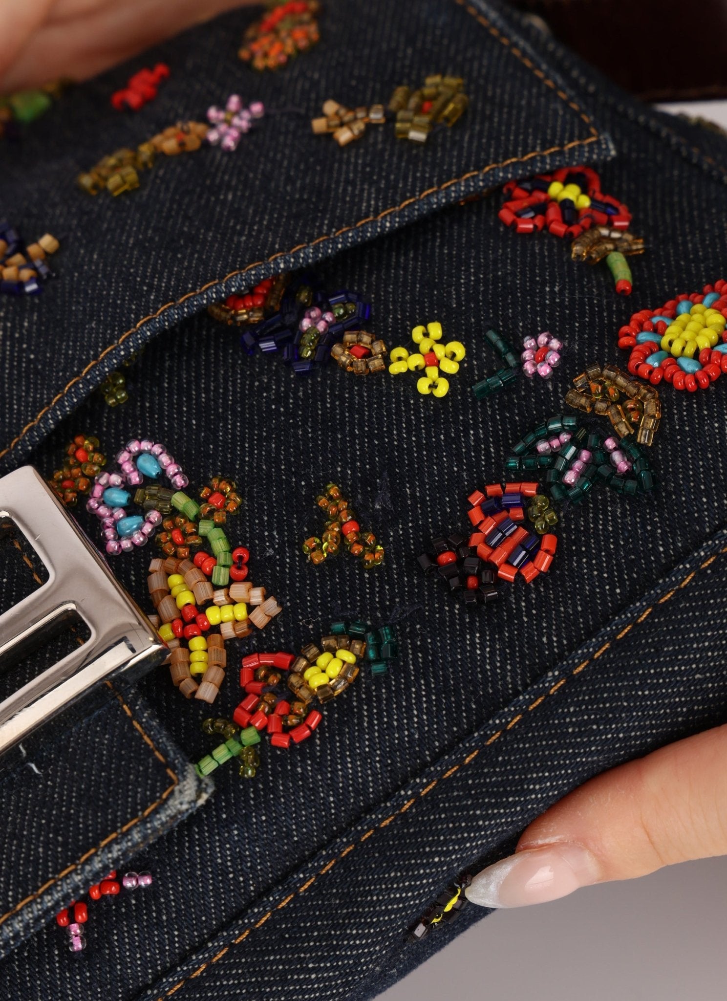 Fendi Denim Floral Beaded Baguette - FashioNica