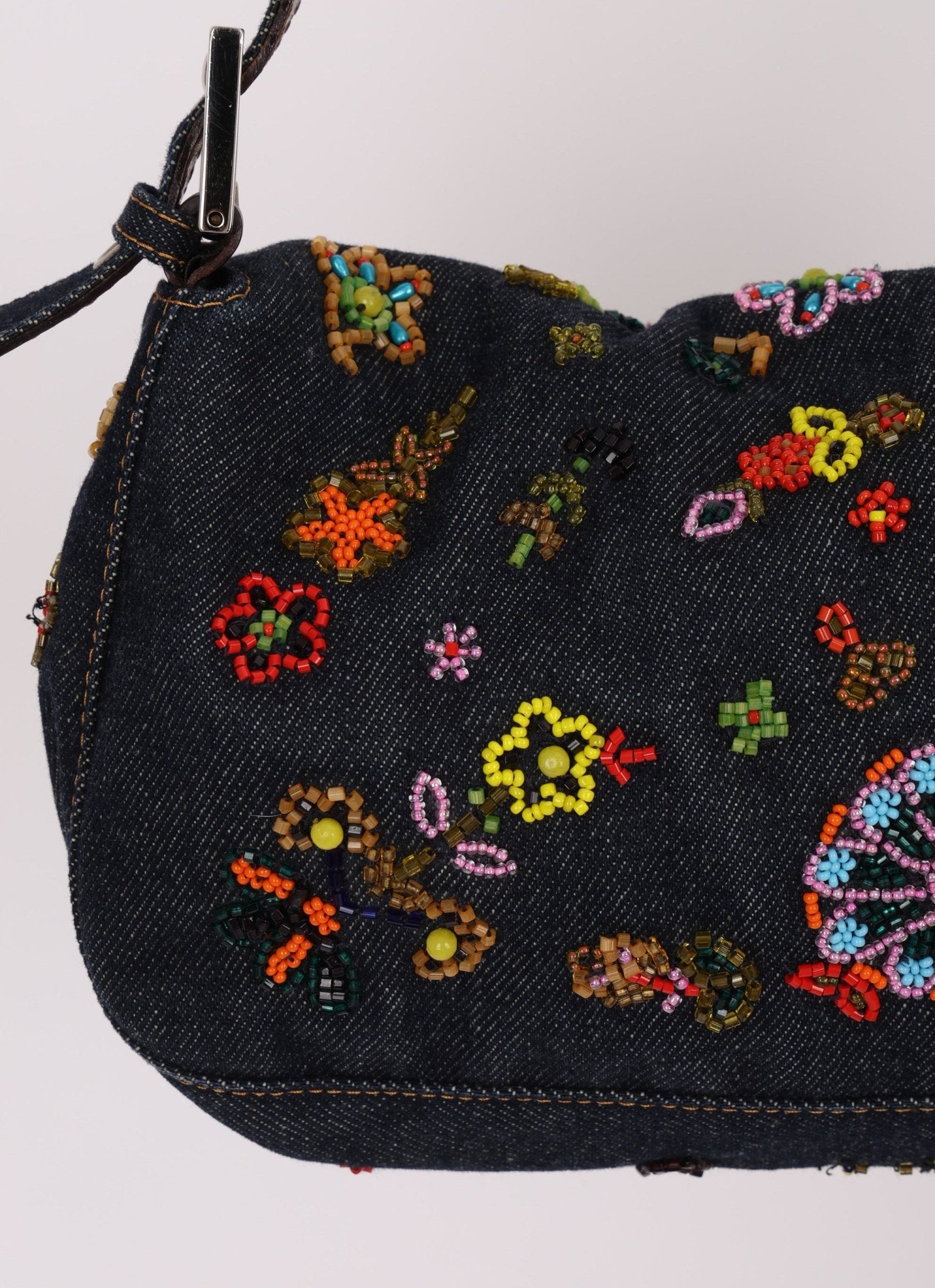 Fendi Denim Floral Beaded Baguette - FashioNica