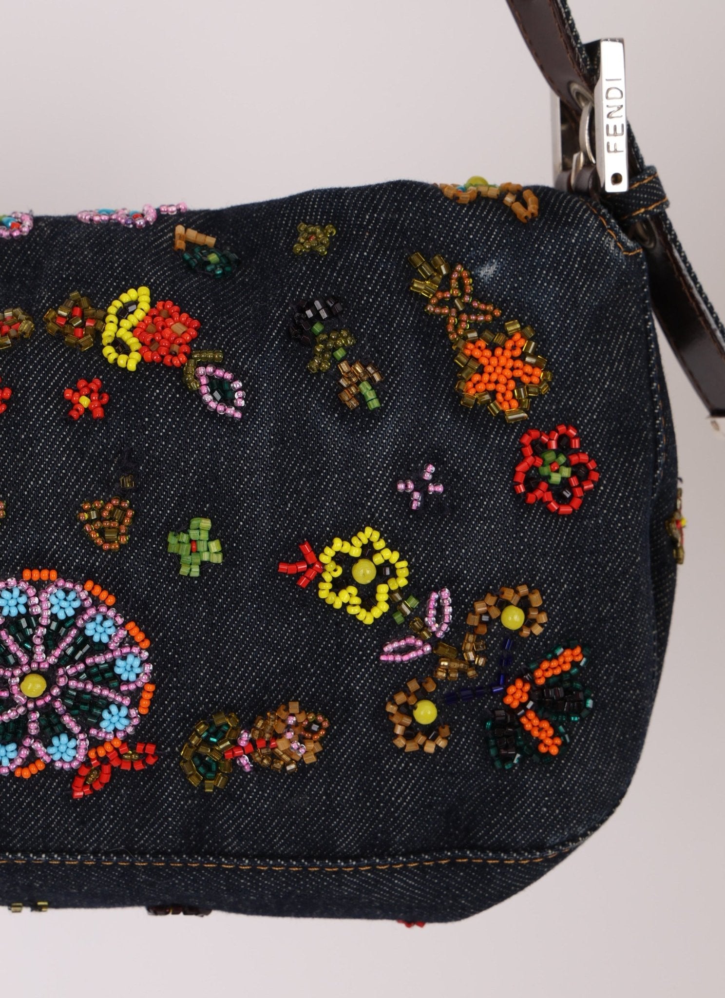 Fendi Denim Floral Beaded Baguette - FashioNica