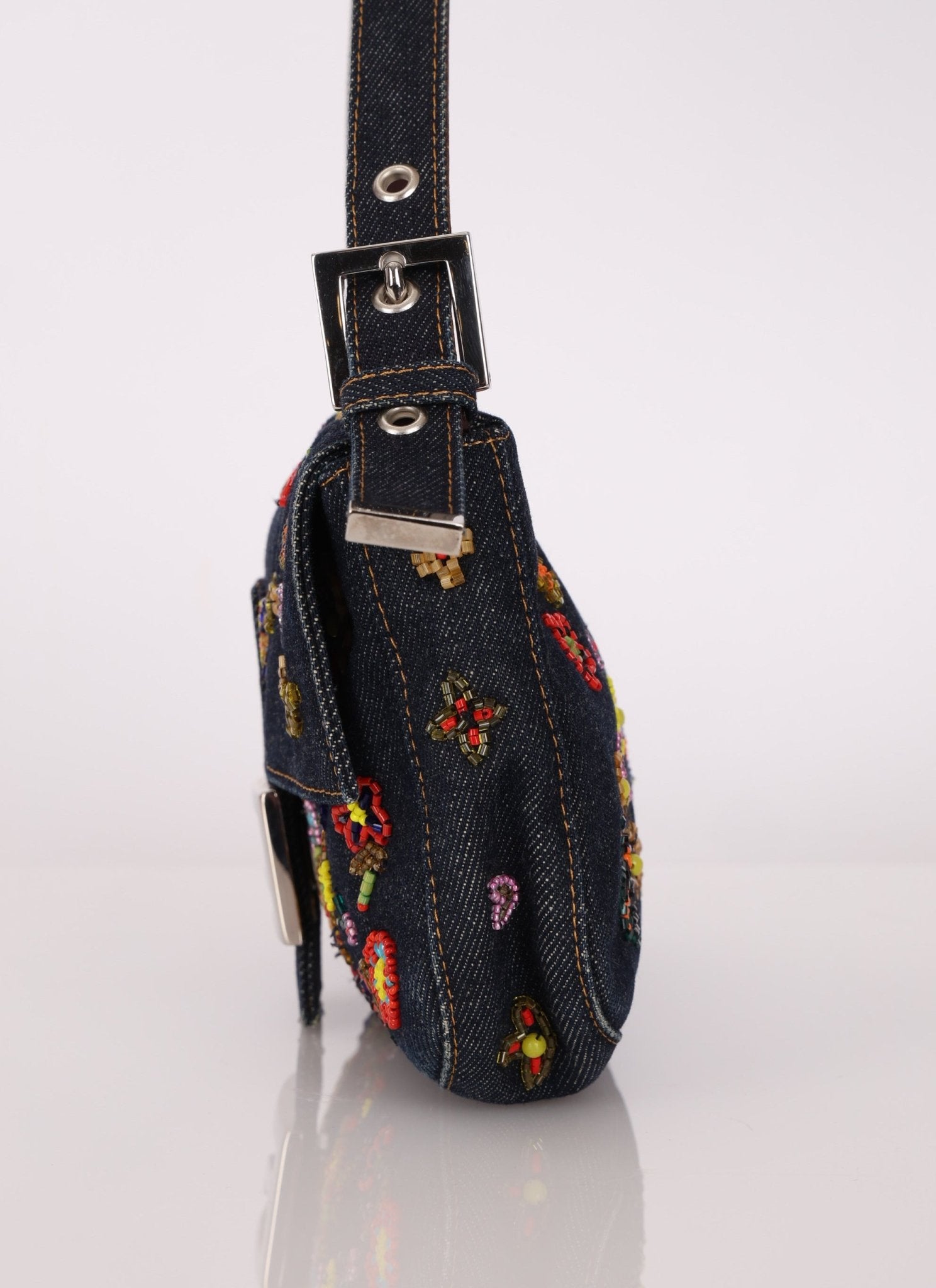 Fendi Denim Floral Beaded Baguette - FashioNica