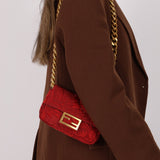 Fendi Floral Embroidered Red Baguette Waist Bag - FashioNica