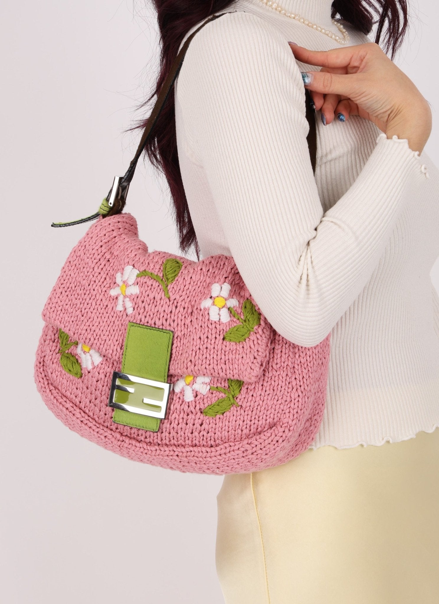 Fendi Floral Knit and Pony Hair Mamma Baguette - FashioNica
