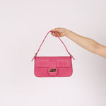 Fendi Fuchsia Logo Lambskin Embossed Baguette - FashioNica