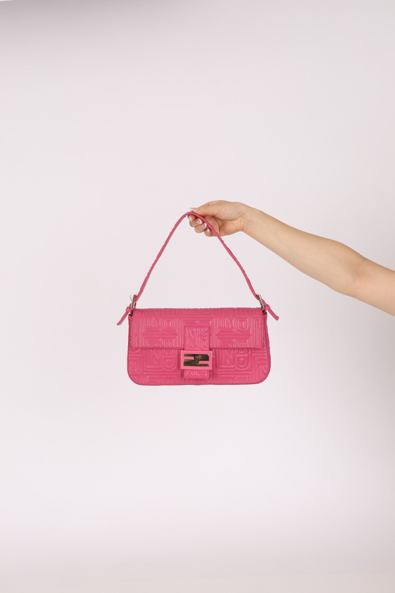 Fendi Fuchsia Logo Lambskin Embossed Baguette - FashioNica