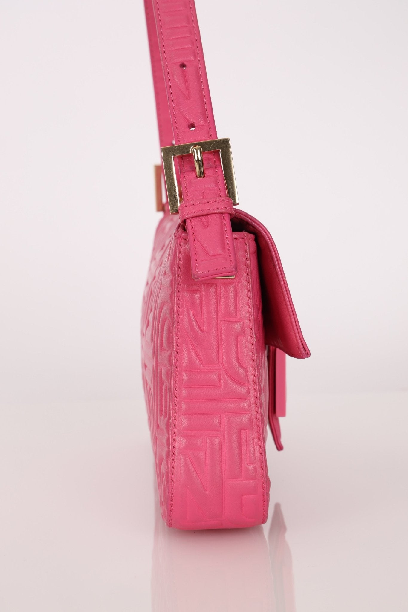Fendi Fuchsia Logo Lambskin Embossed Baguette - FashioNica