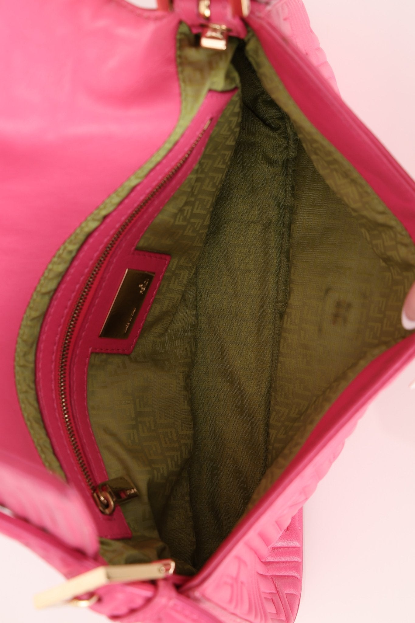 Fendi Fuchsia Logo Lambskin Embossed Baguette - FashioNica