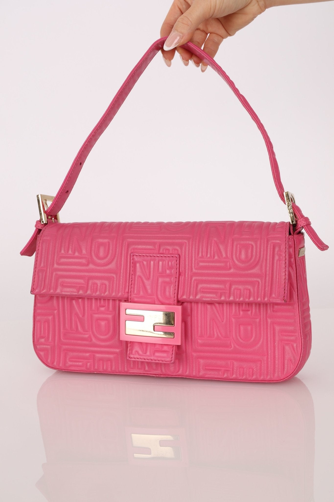 Fendi Fuchsia Logo Lambskin Embossed Baguette - FashioNica