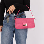 Fendi Fuchsia Logo Lambskin Embossed Baguette - FashioNica
