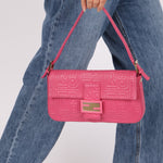 Fendi Fuchsia Logo Lambskin Embossed Baguette - FashioNica