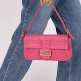 Fendi Fuchsia Logo Lambskin Embossed Baguette - FashioNica