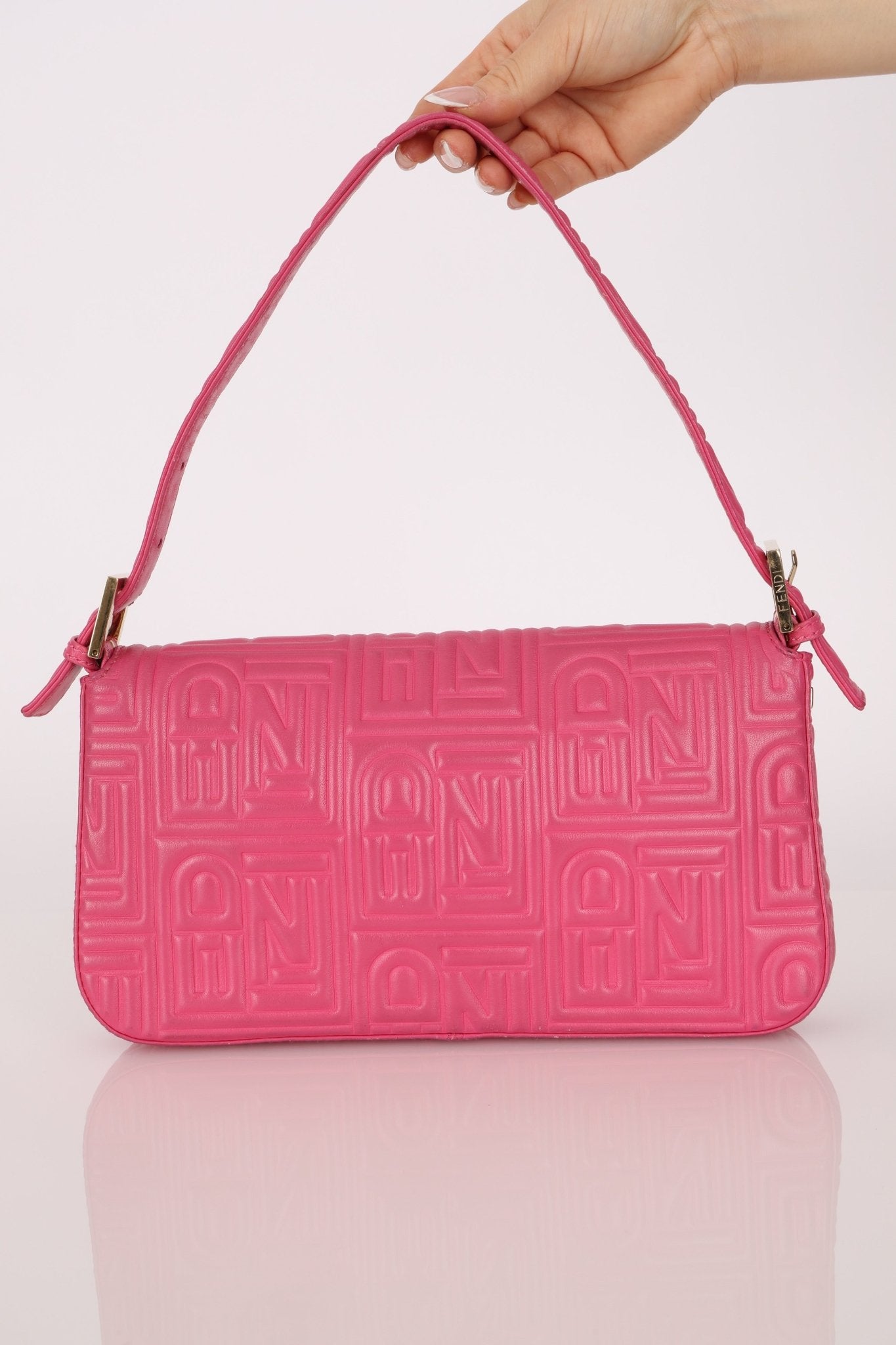 Fendi Fuchsia Logo Lambskin Embossed Baguette - FashioNica