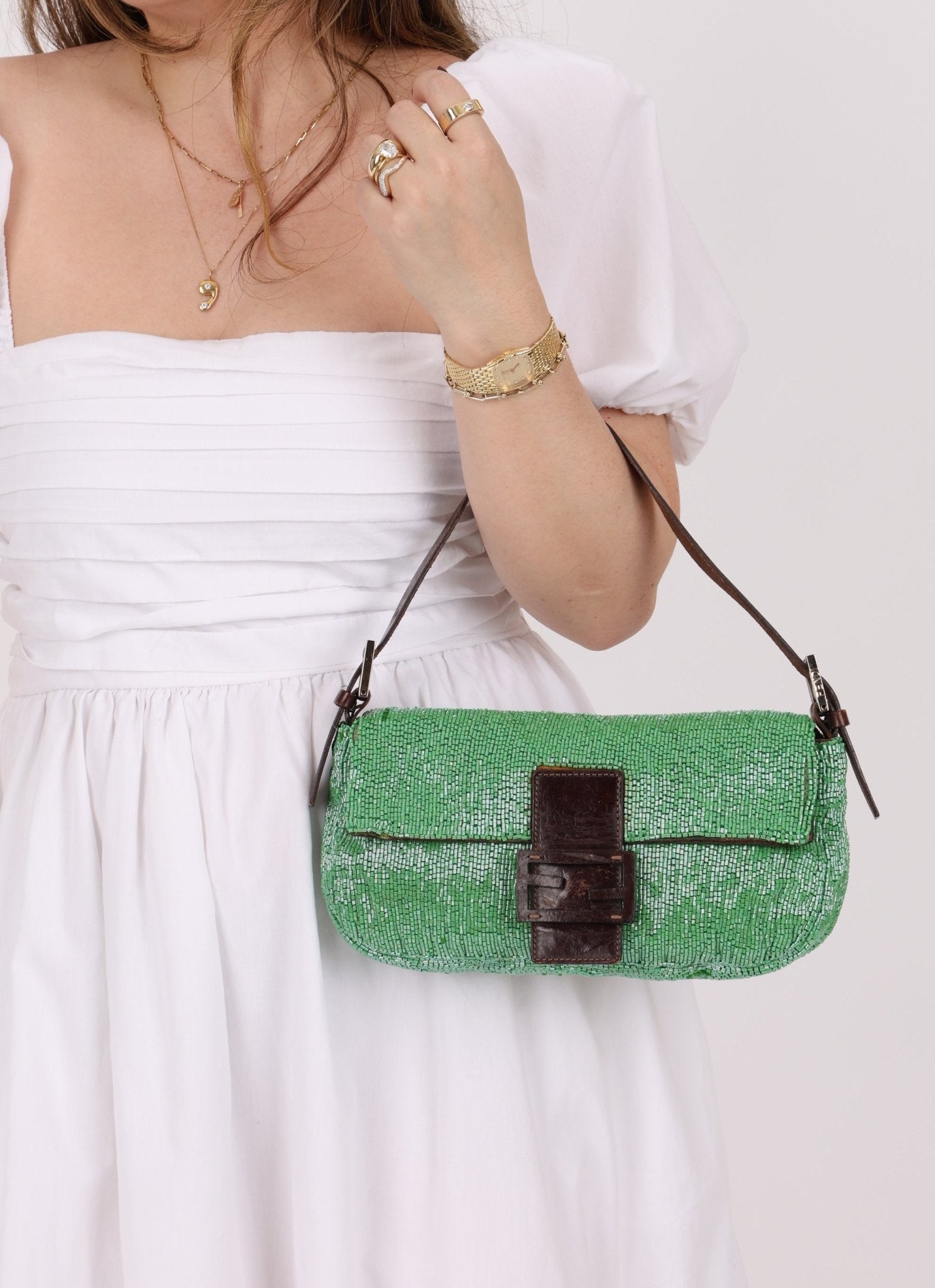 Fendi Green Beaded Baguette - FashioNica