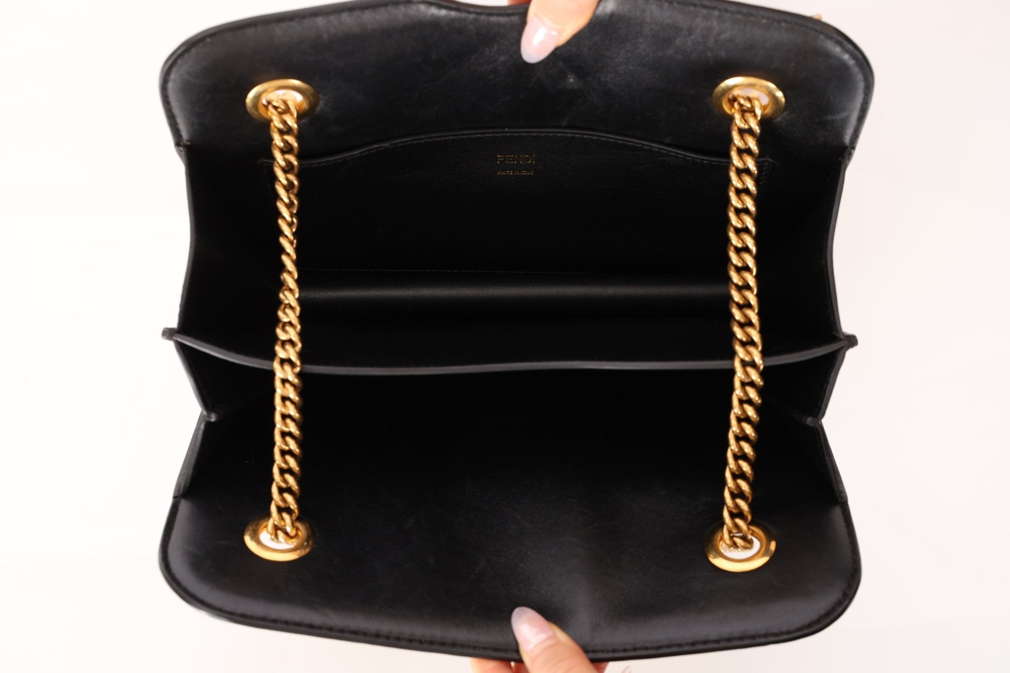 Fendi Leather Black Karligraphy Pocket Chain Bag - FashioNica