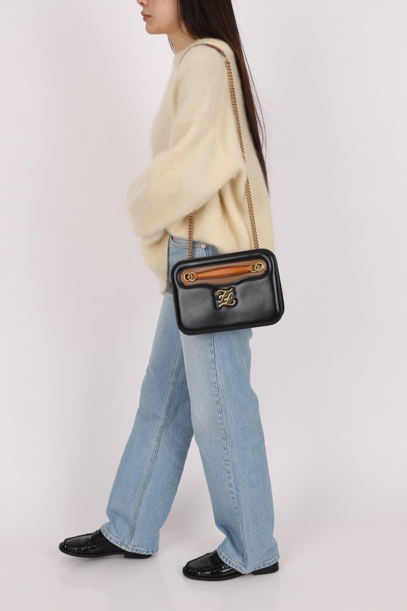 Fendi Leather Black Karligraphy Pocket Chain Bag - FashioNica