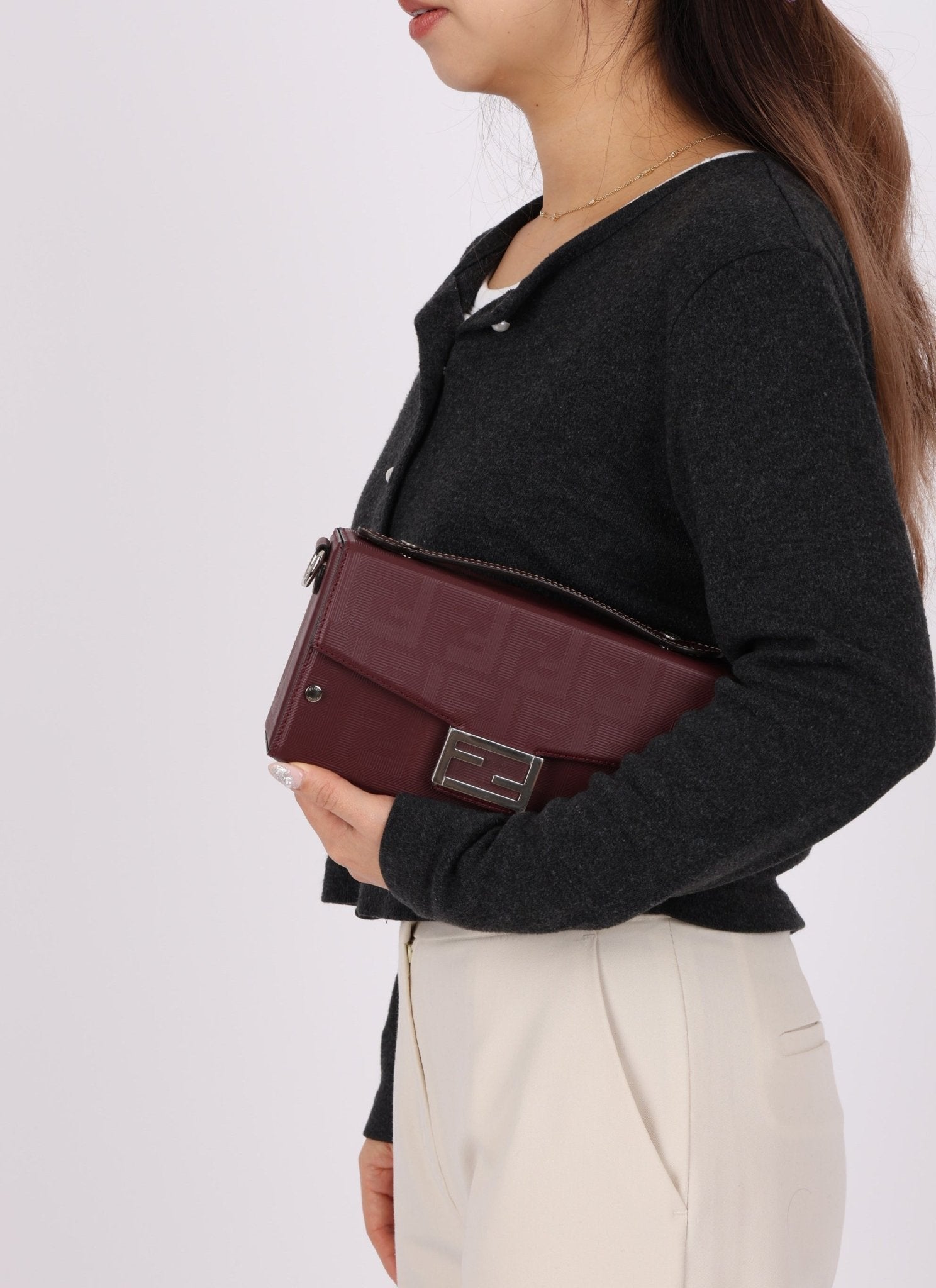 Fendi Leather Maroon Zucca Soft Trunk Baguette - FashioNica