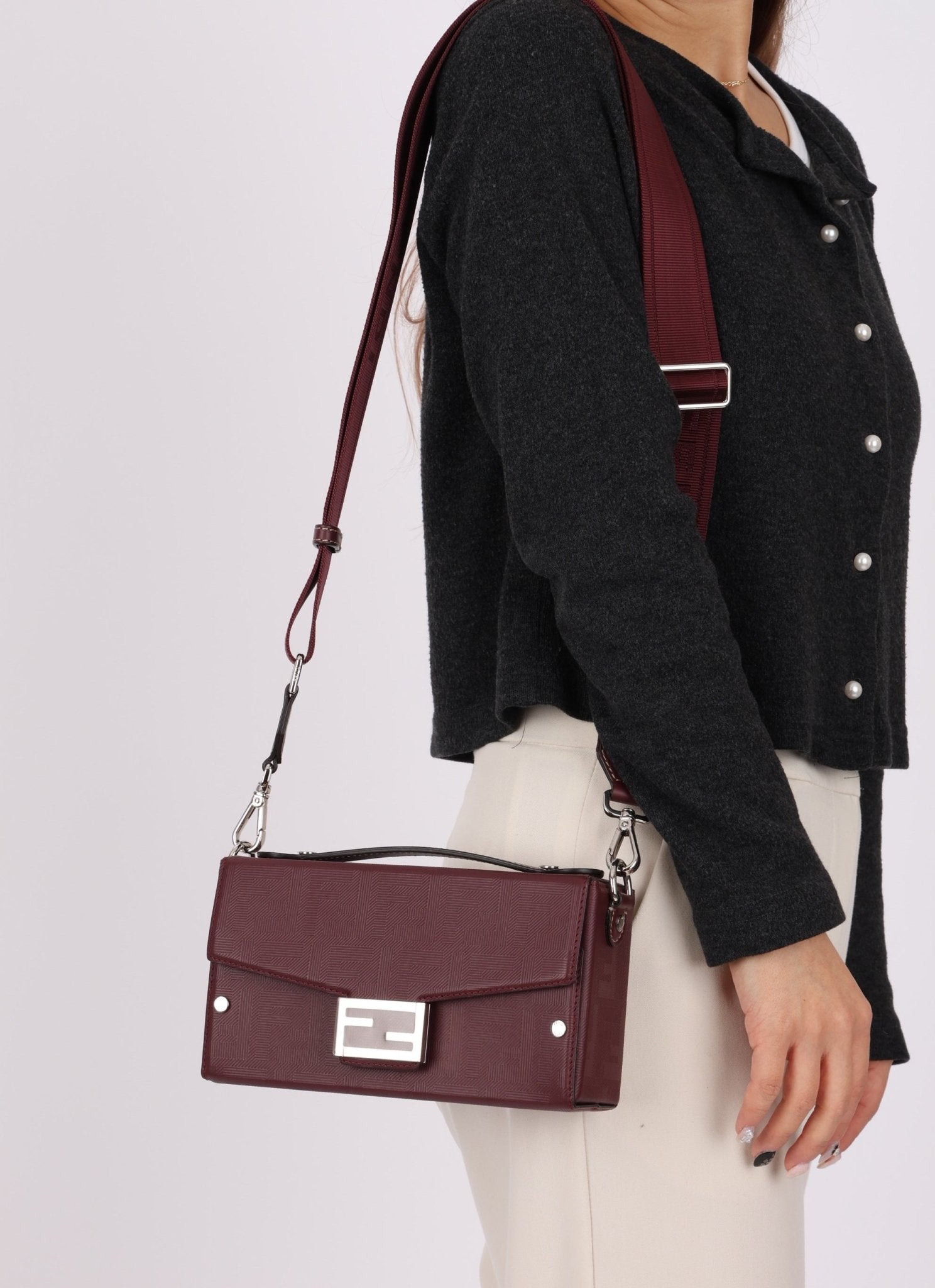 Fendi Leather Maroon Zucca Soft Trunk Baguette - FashioNica