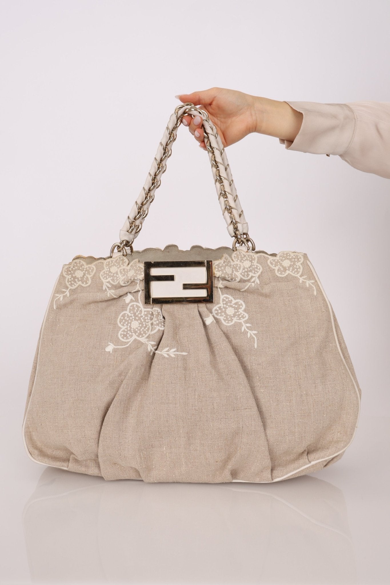Fendi Linen Lace Chain Mia Tote - FashioNica