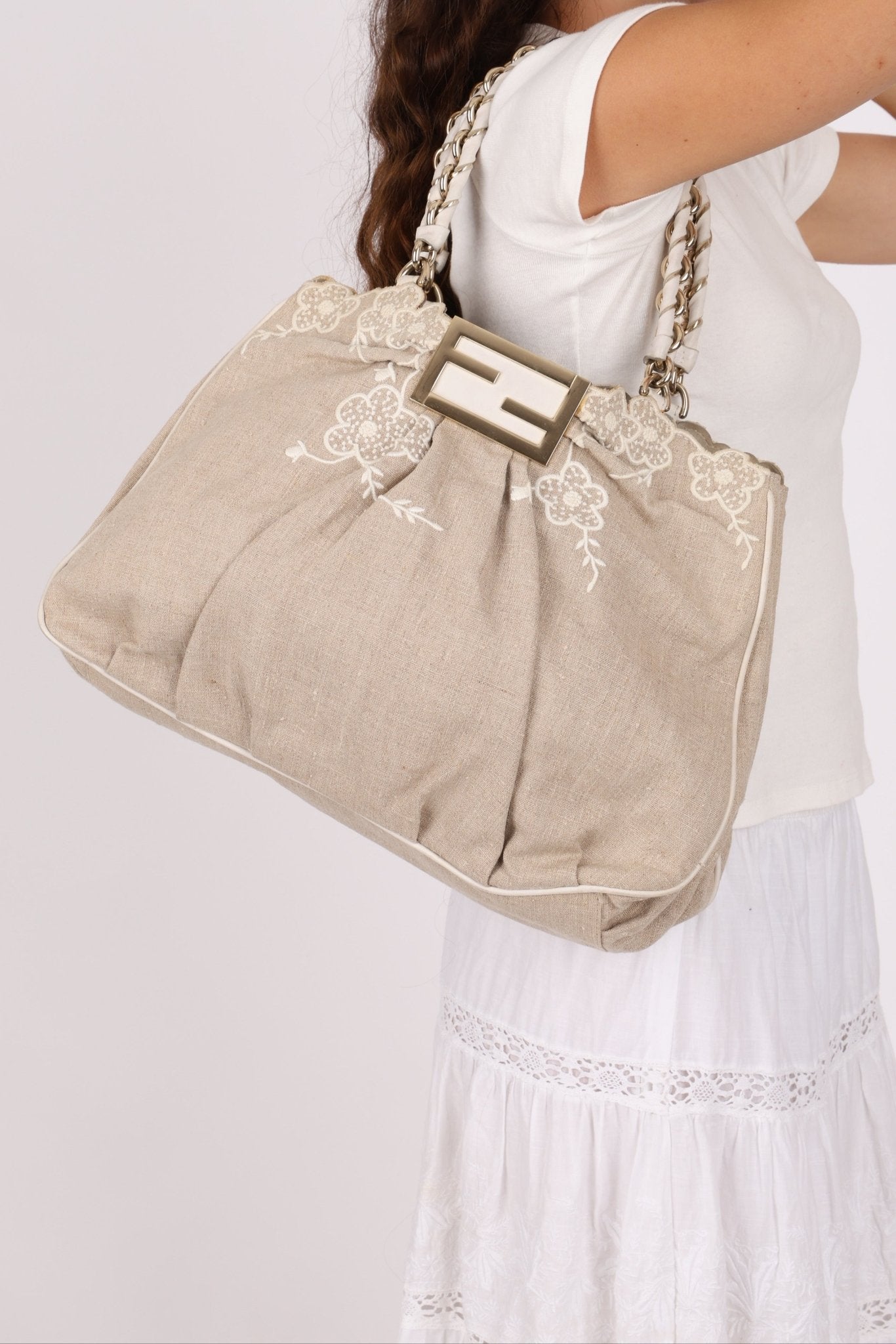 Fendi Linen Lace Chain Mia Tote - FashioNica