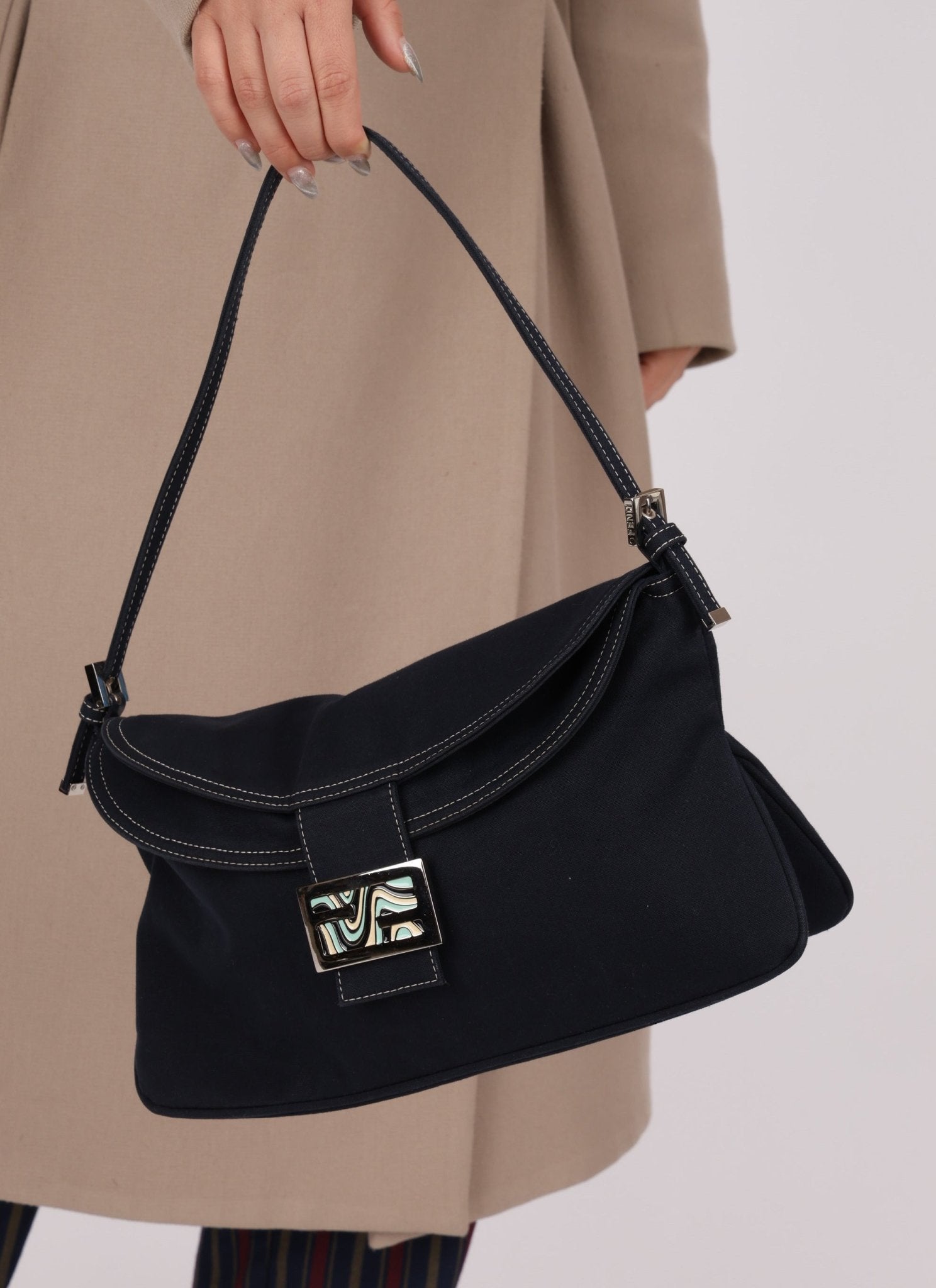 Fendi Marble Navy Canvas Baguette - FashioNica