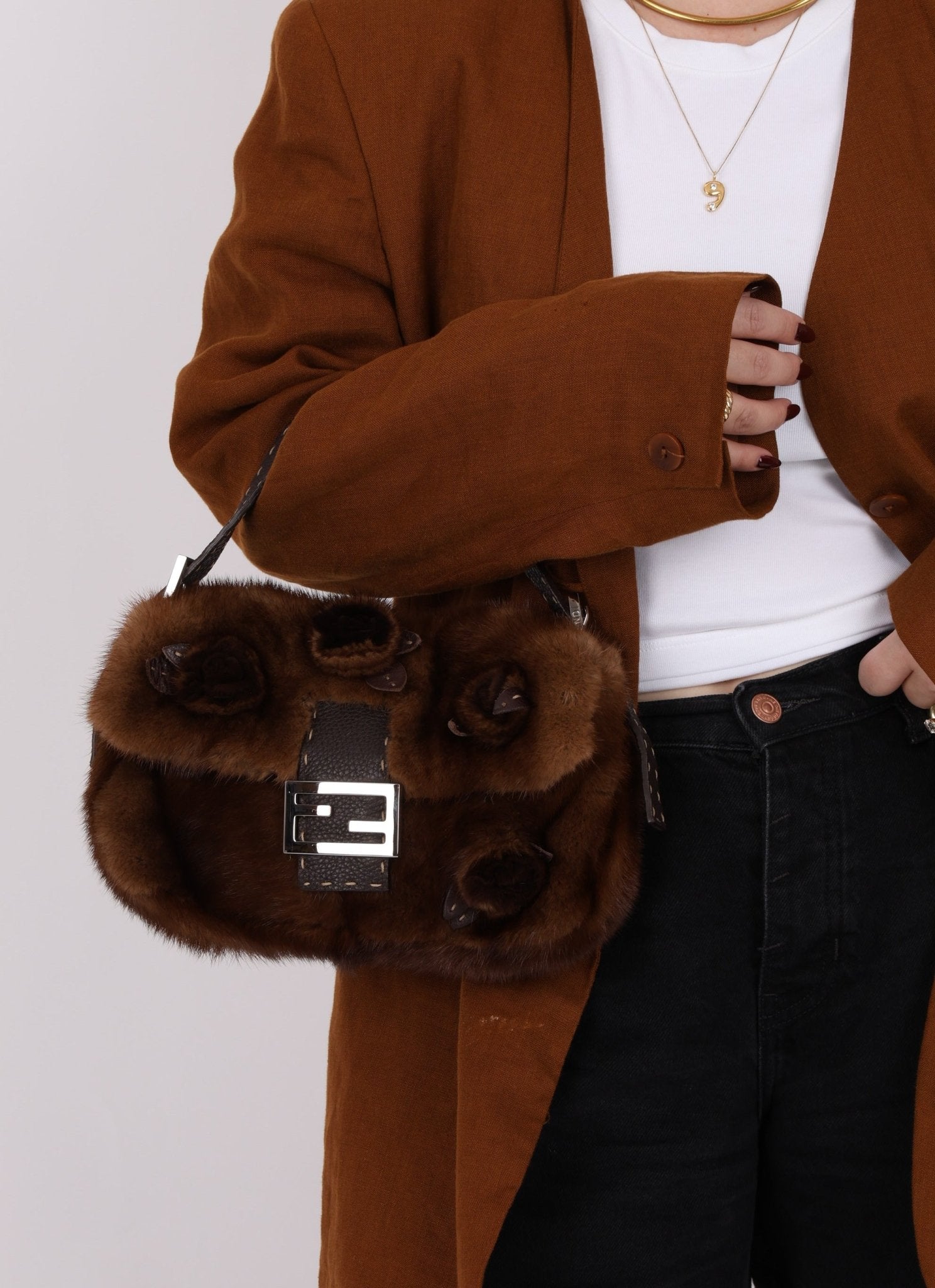 Fendi Mink Selleria Flower Motif Baguette - FashioNica