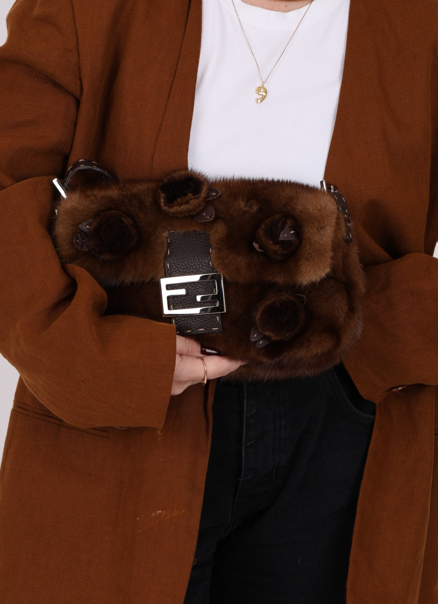 Fendi Mink Selleria Flower Motif Baguette - FashioNica