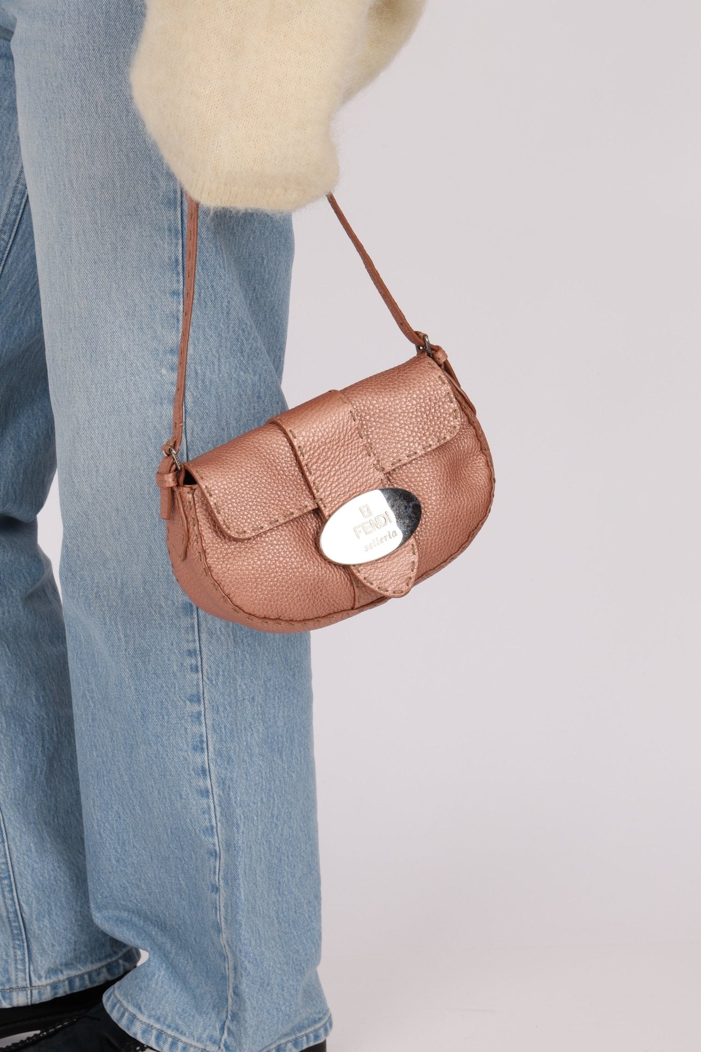 Fendi Rose Gold Selleria Emblem Shoulder Bag - FashioNica