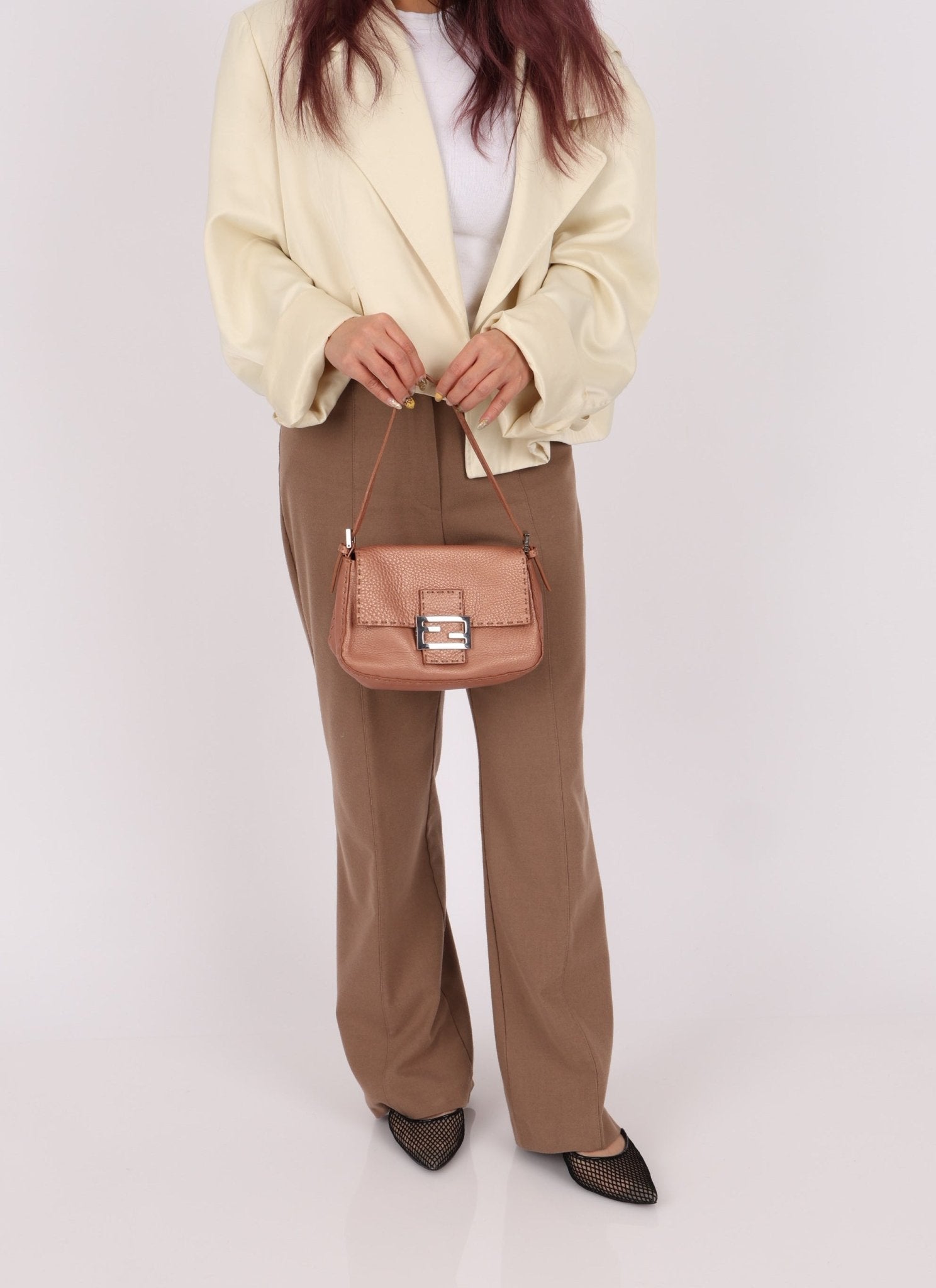 Fendi Rosegold Leather Selleria Mini Mama Baguette - FashioNica