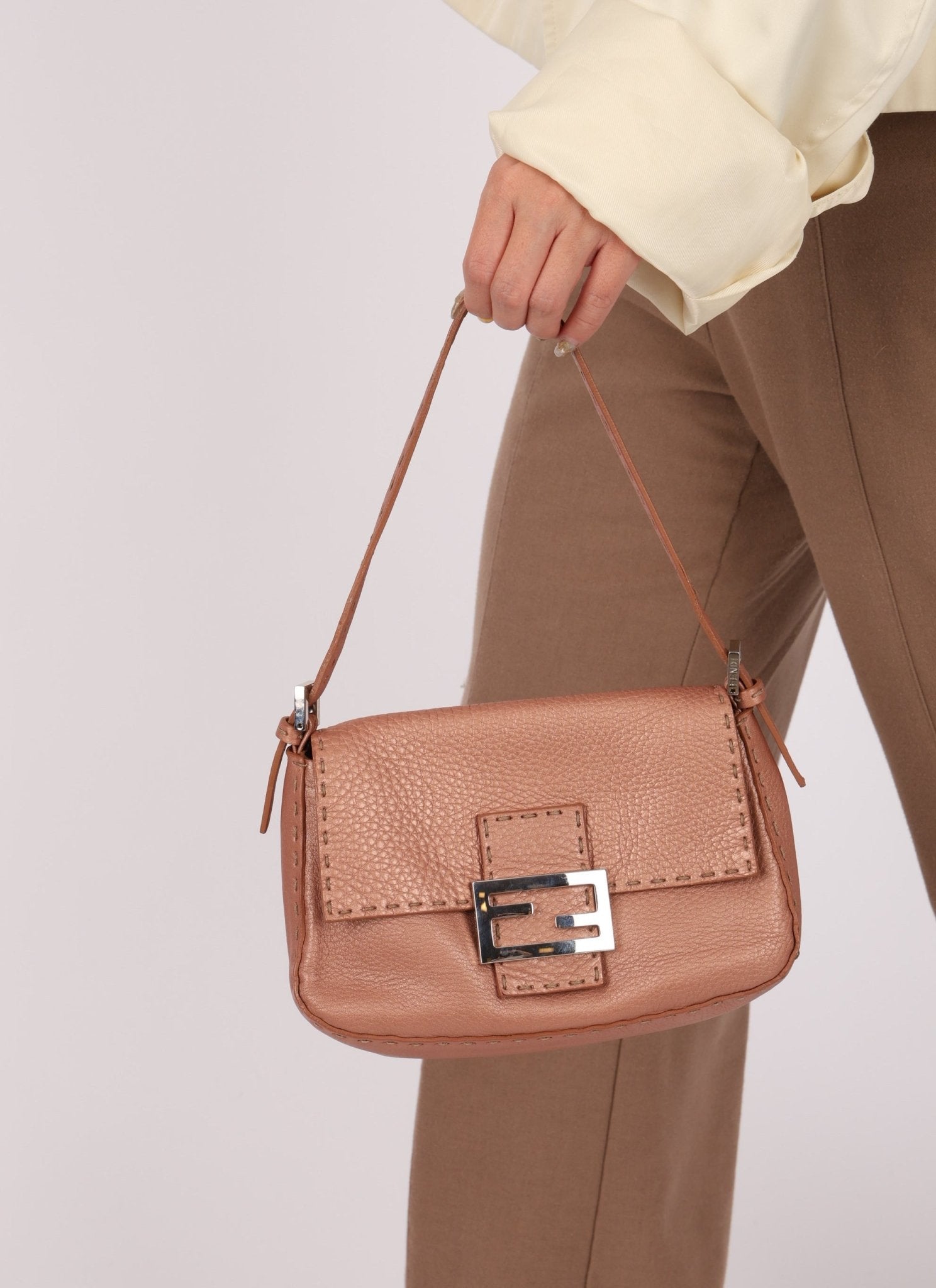 Fendi Rosegold Leather Selleria Mini Mama Baguette - FashioNica