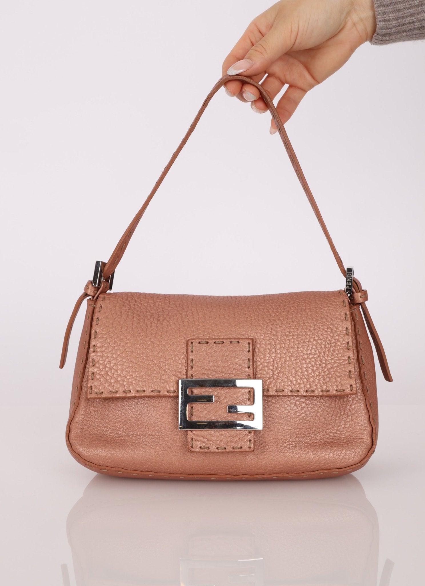 Fendi Rosegold Leather Selleria Mini Mama Baguette - FashioNica