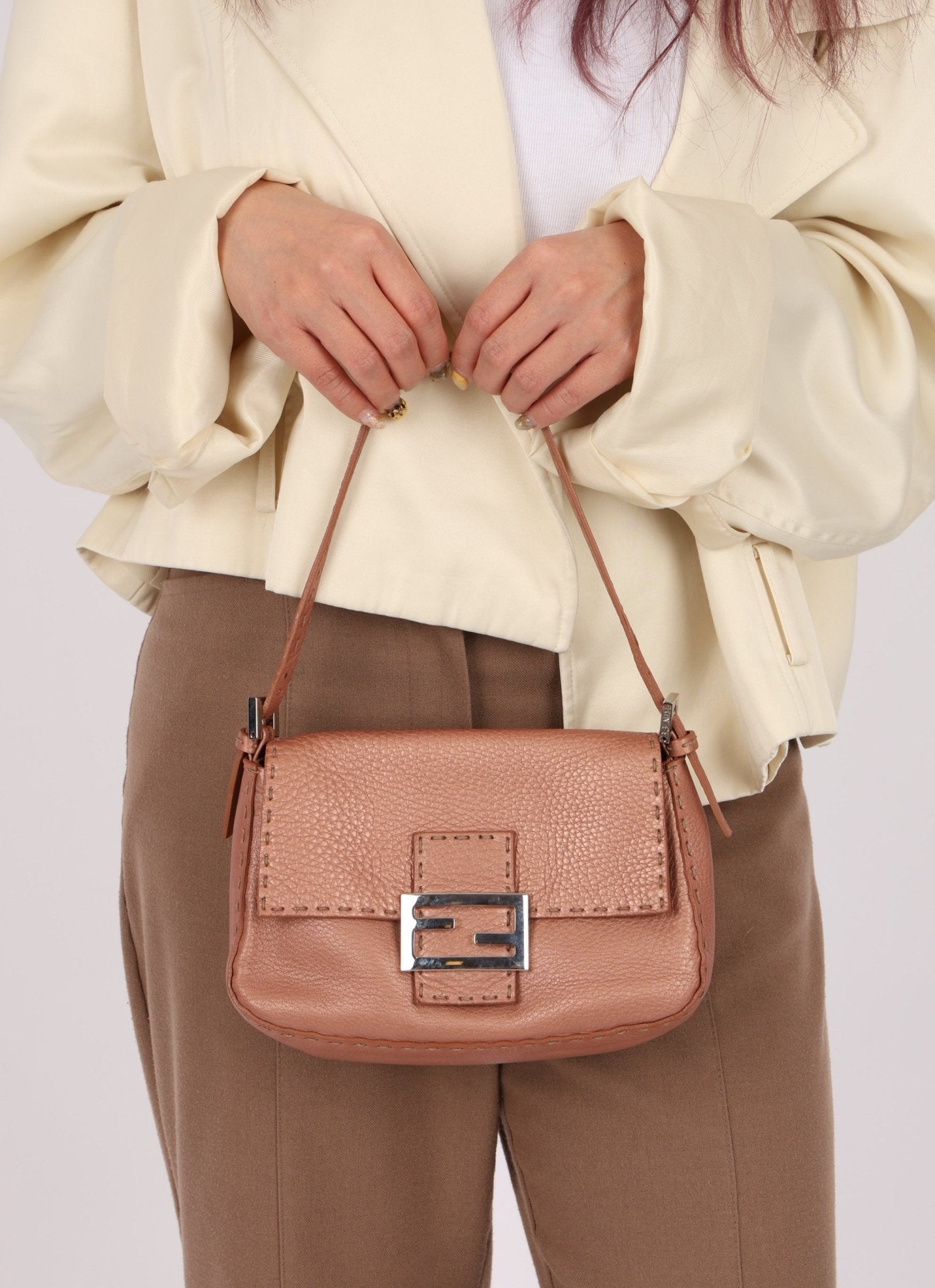 Fendi Rosegold Leather Selleria Mini Mama Baguette - FashioNica