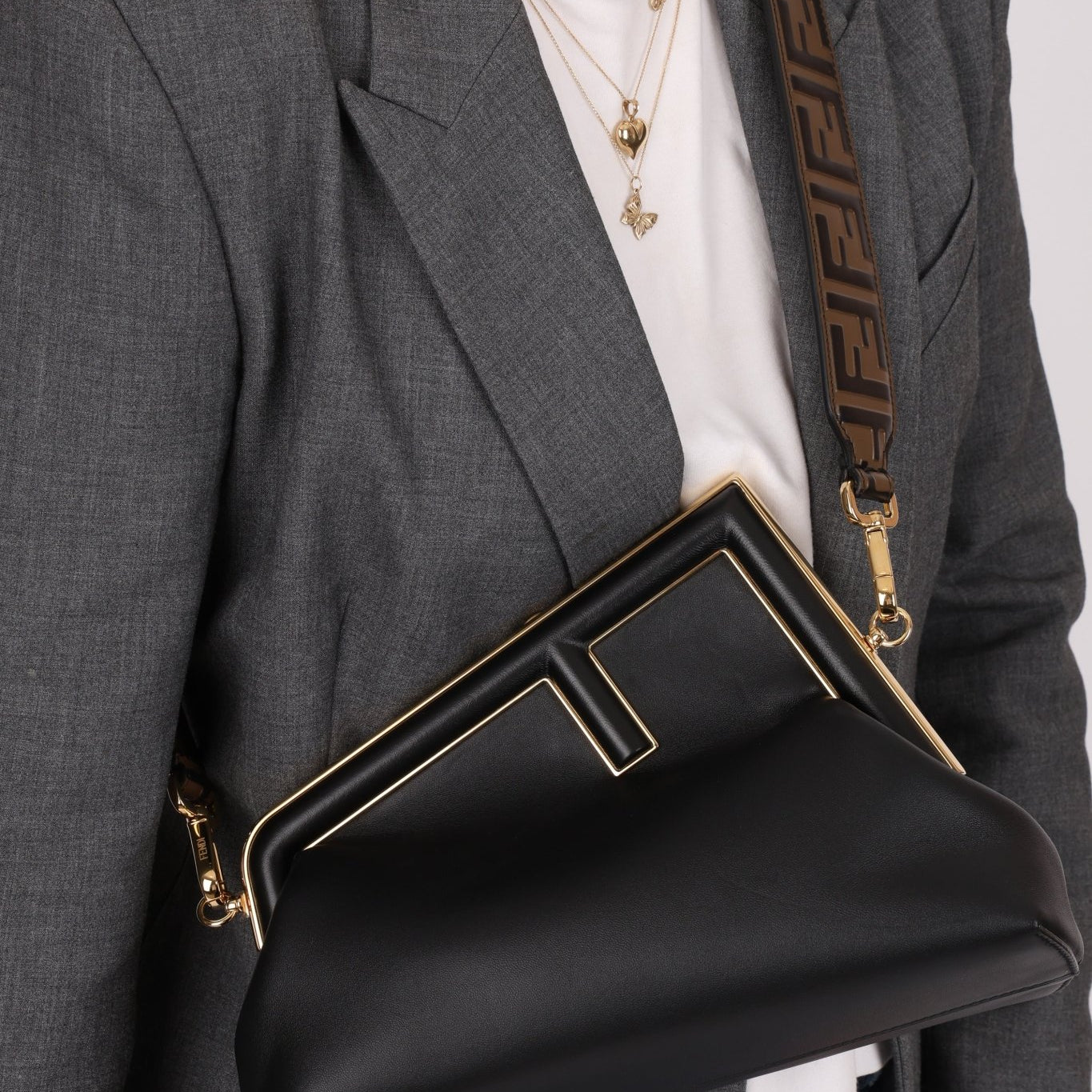 Fendi Small Black First Clutch with Fendi Zucca Strap - FashioNica