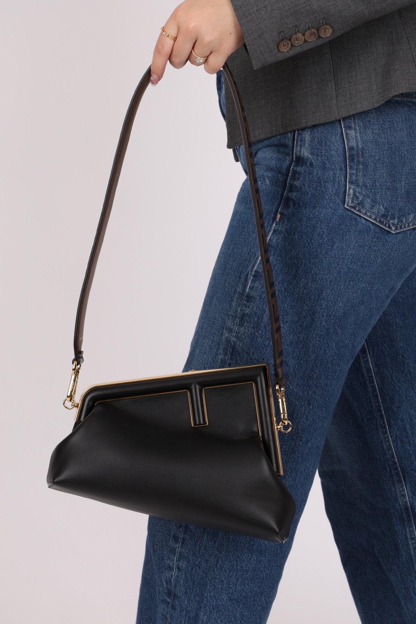Fendi Small Black First Clutch with Fendi Zucca Strap - FashioNica