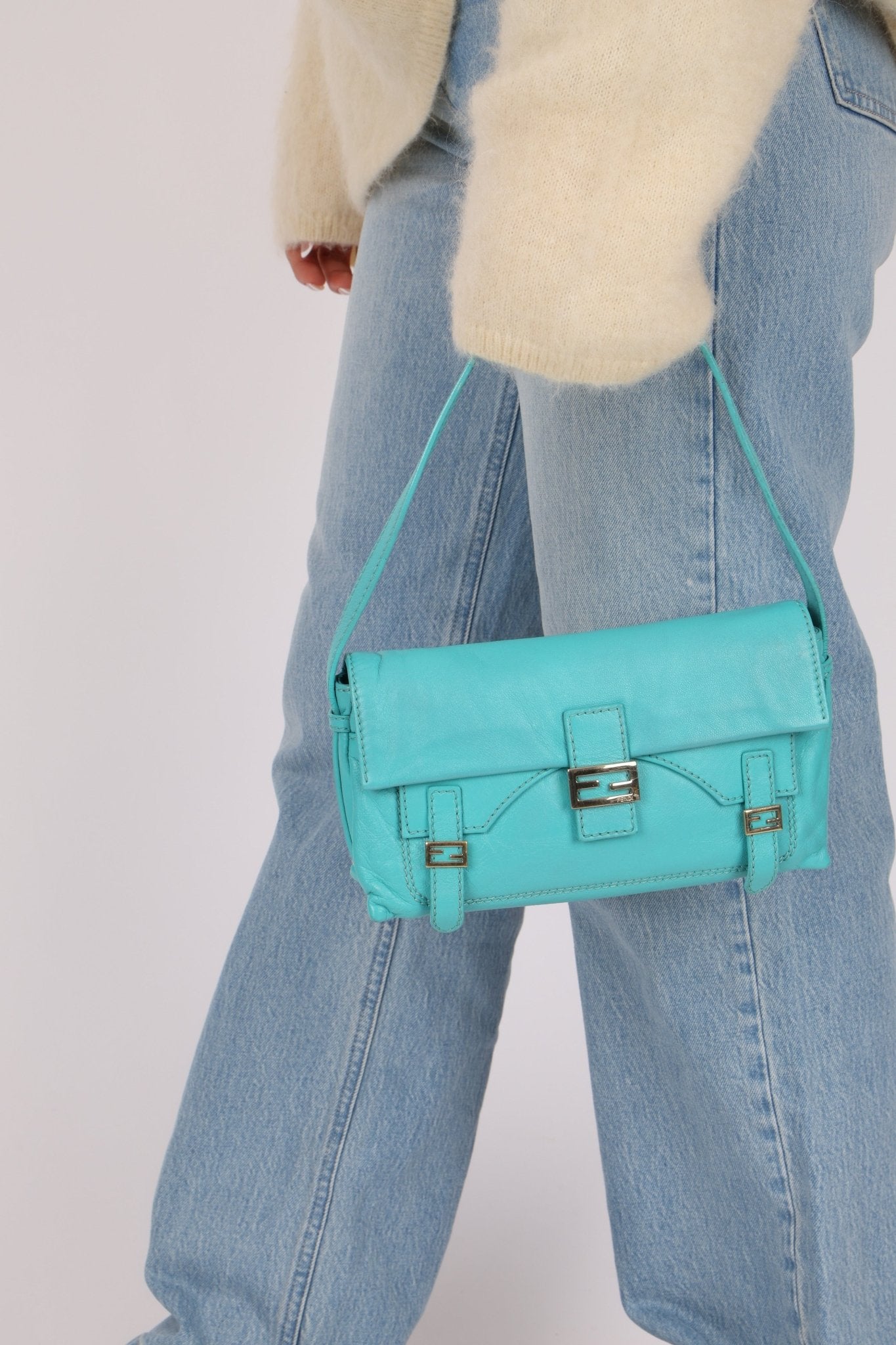 Fendi Tiffany Blue Multi - Buckle Selleria Shoulder Bag - FashioNica
