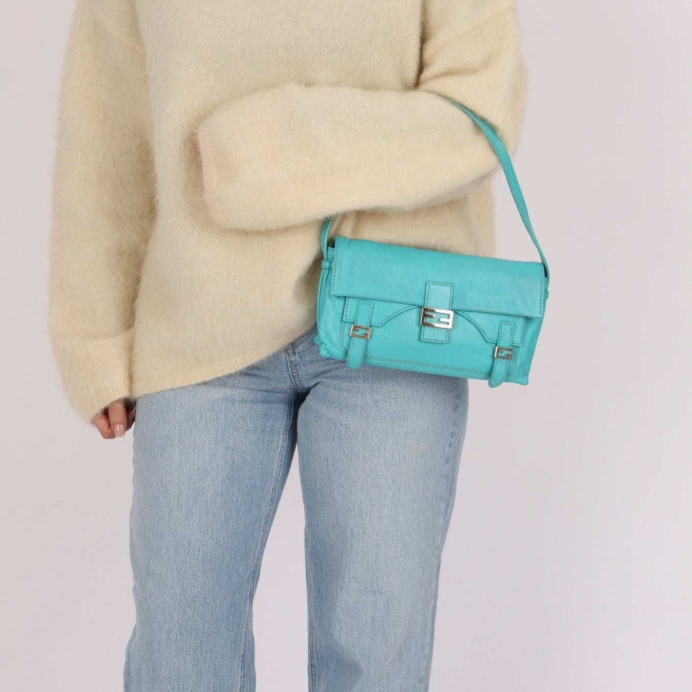 Fendi Tiffany Blue Multi - Buckle Selleria Shoulder Bag - FashioNica