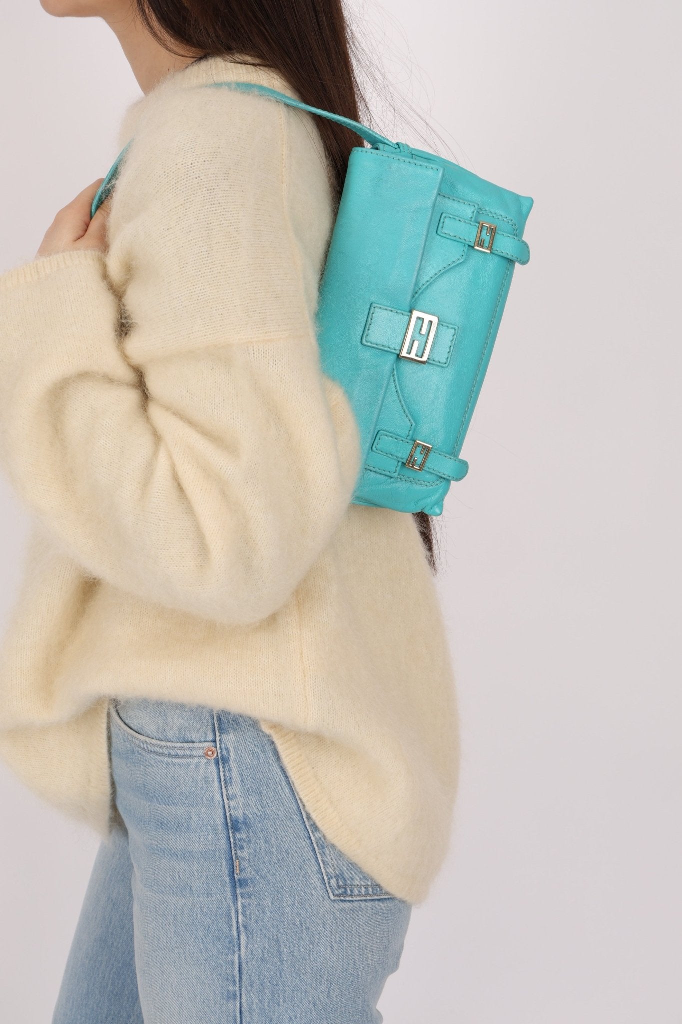 Fendi Tiffany Blue Multi - Buckle Selleria Shoulder Bag - FashioNica