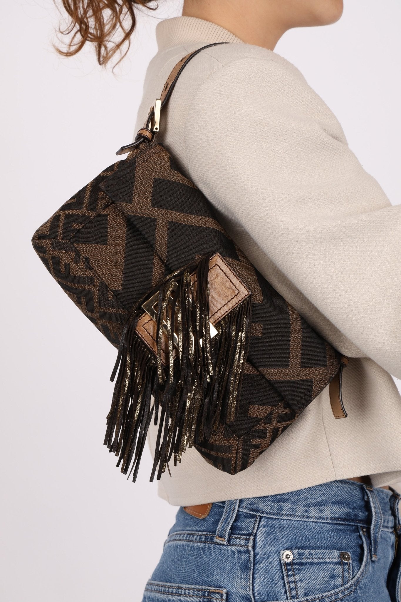 Fendi XL Mix Zucca Fringe Baguette - FashioNica