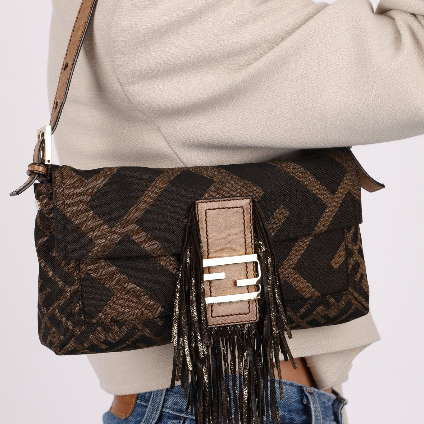 Fendi XL Mix Zucca Fringe Baguette - FashioNica