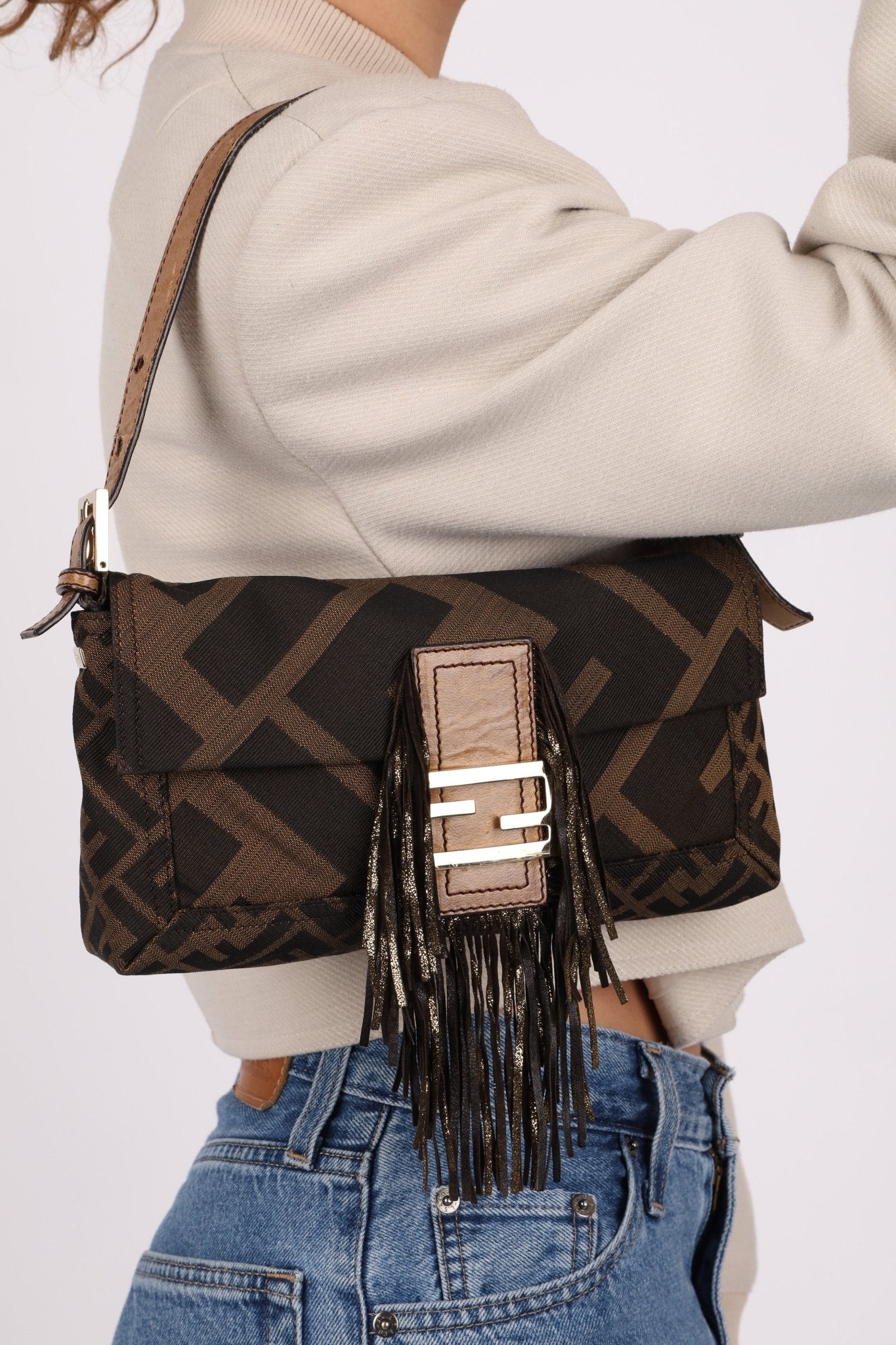 Fendi XL Mix Zucca Fringe Baguette - FashioNica