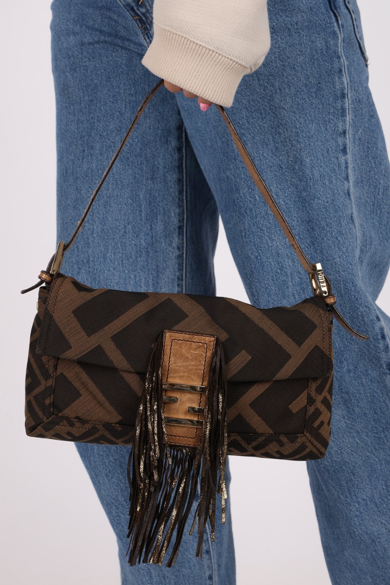 Fendi XL Mix Zucca Fringe Baguette - FashioNica