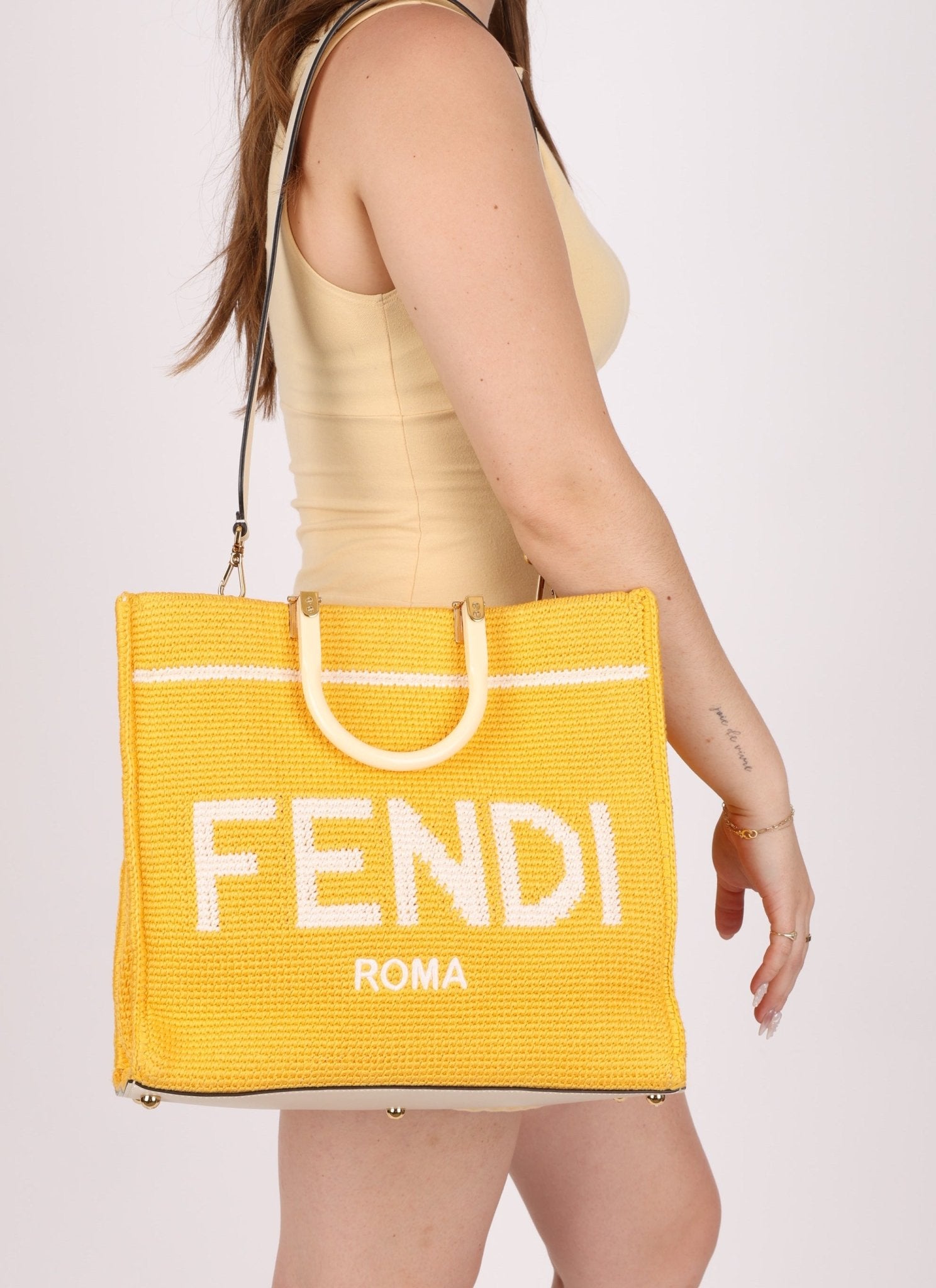 Fendi Yellow Crochet Medium Sunshine Tote - FashioNica